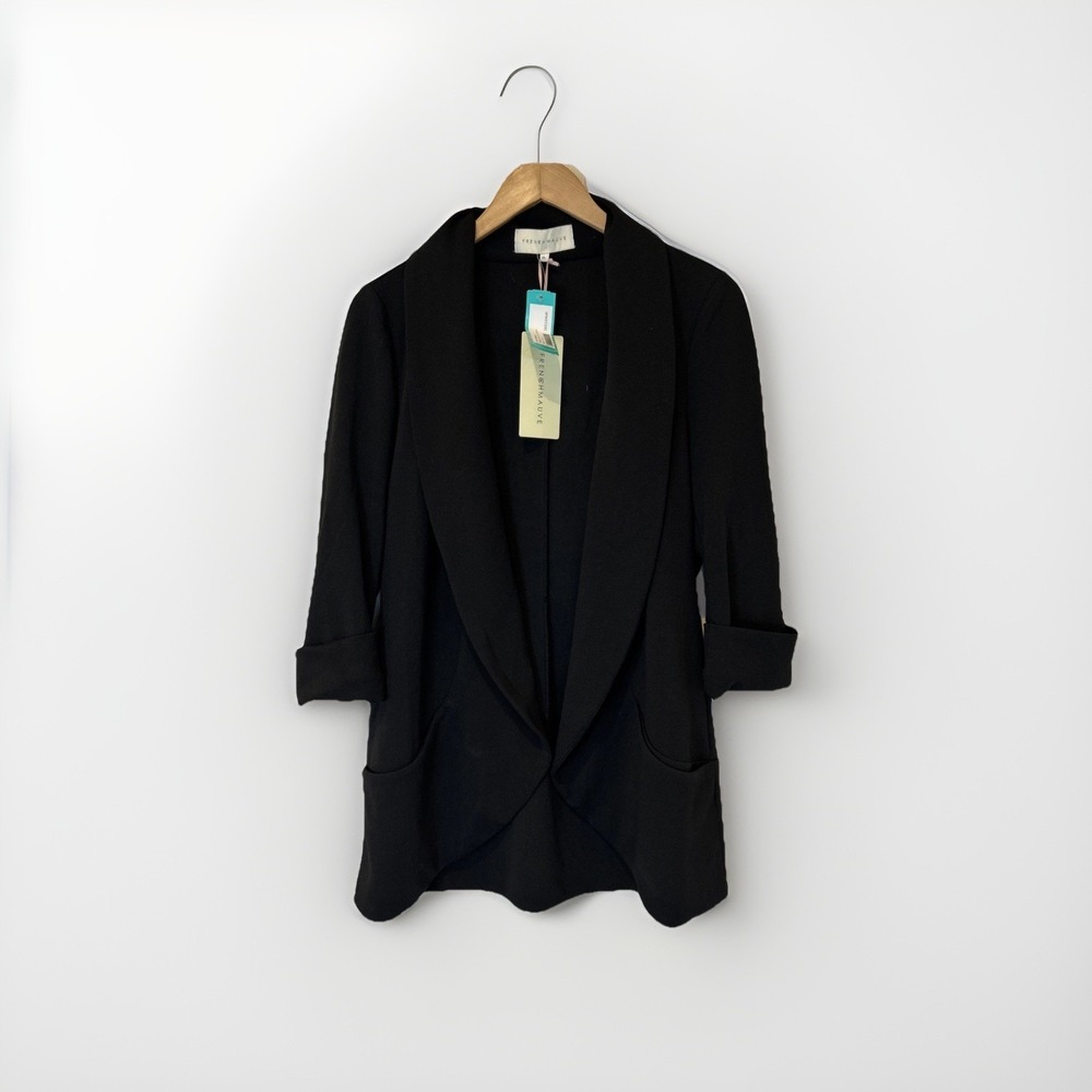 French Mauve Melanie Knit Blazer Womens XL Black Crepe Open Front Pockets NWT